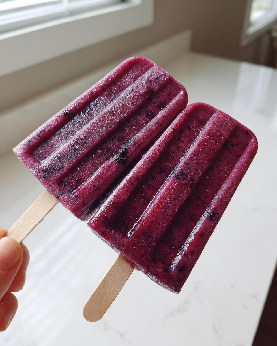 Nahaufnahme von zwei tiefvioletten, cremigen Blaubeer-Eis am Stiel mit sichtbaren Fruchtst&uuml;cken.