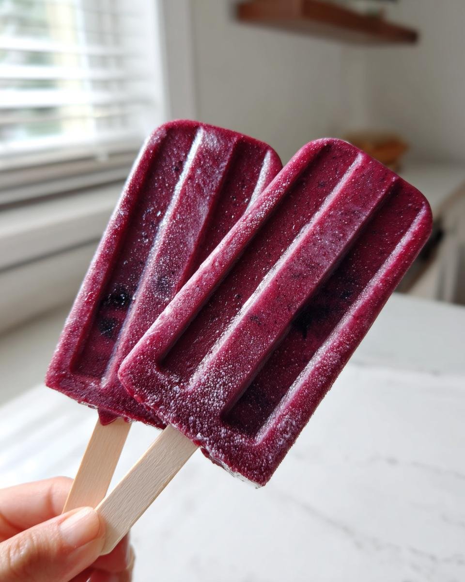 Nahaufnahme von zwei tiefvioletten, cremigen Blaubeer-Eis am Stiel, die von einer Hand gehalten werden.