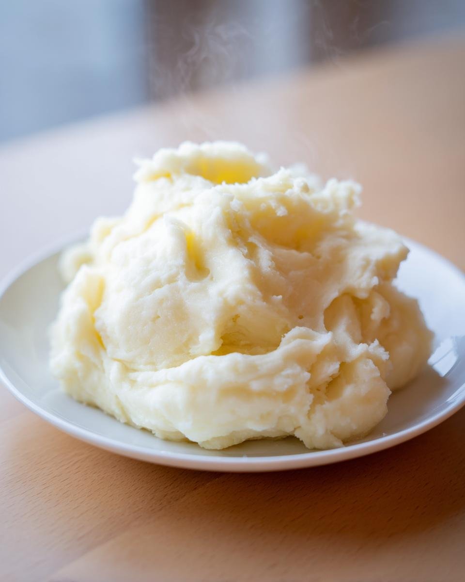 Ein Berg frisch zubereiteter, dampfender Freezer Mashed Potatoes auf einem wei&szlig;en Teller.