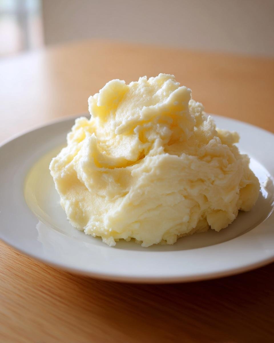 Nahaufnahme eines gro&szlig;en Klecks cremiger Freezer Mashed Potatoes auf einem wei&szlig;en Teller.
