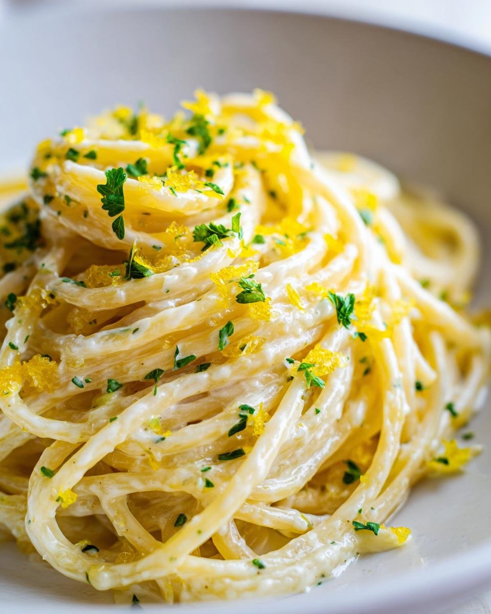 Nahaufnahme einer Portion cremiger Lemon Pasta, garniert mit frischer Petersilie und leuchtend gelben Zitronenzesten.
