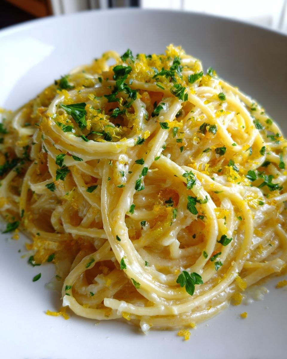 Nahaufnahme von cremiger Lemon Pasta, garniert mit leuchtend gelbem Zitronenabrieb und frischer Petersilie.