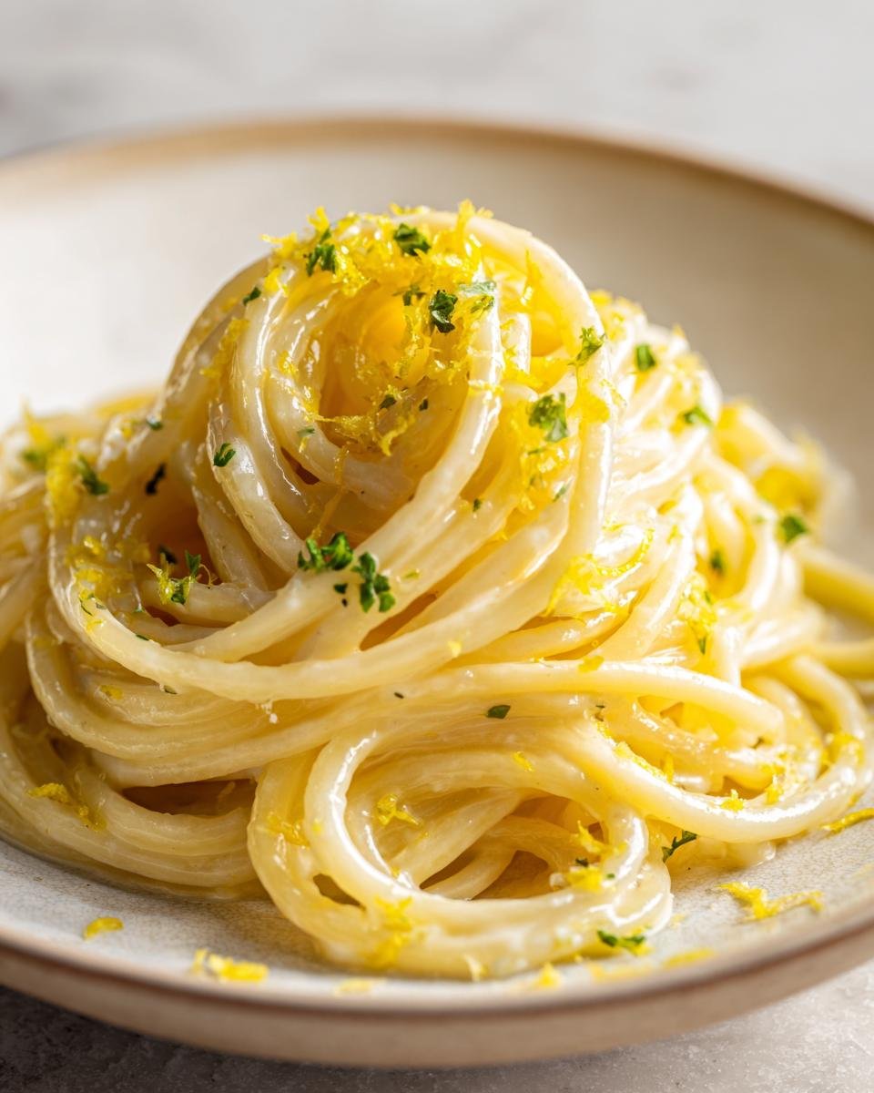 Nahaufnahme einer Portion cremiger Lemon Pasta, garniert mit leuchtend gelbem Zitronenabrieb und Petersilie.