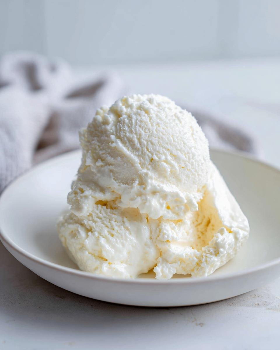 Eine gro&szlig;e Kugel cremiges, wei&szlig;es Cottage Cheese Ice Cream (H&uuml;ttenk&auml;se Eiscreme) in einer wei&szlig;en Schale.