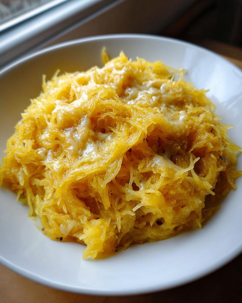 Nahaufnahme von Cremige Spaghetti Squash mit geschmolzenem K&auml;se in einer wei&szlig;en Sch&uuml;ssel.