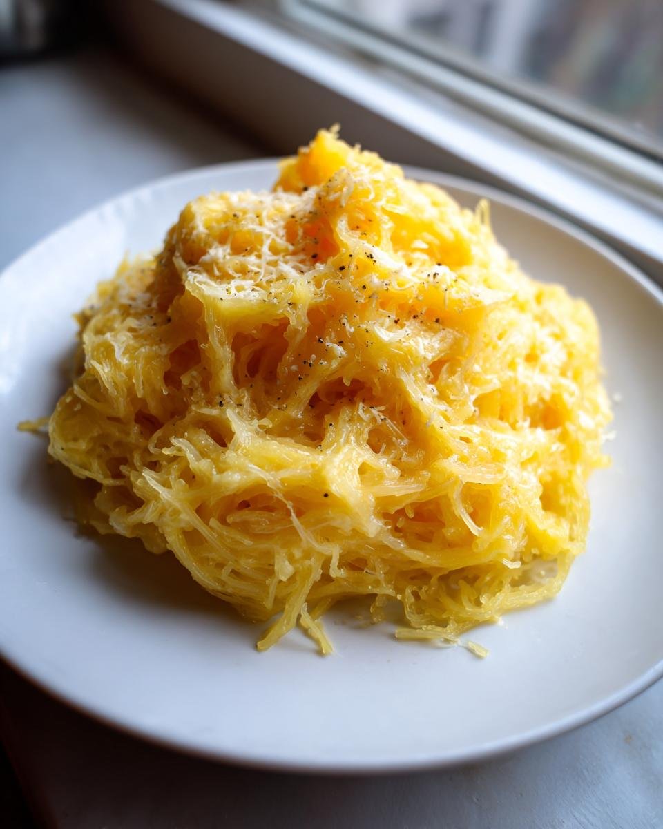 Ein Teller mit Cremige Spaghetti Squash, bestreut mit geriebenem K&auml;se und schwarzem Pfeffer.