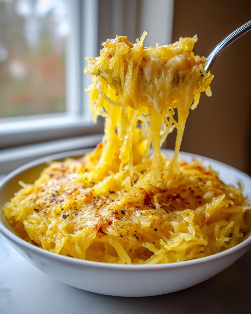 Nahaufnahme von cremiger Spaghetti Squash, die mit einer Gabel aus einer Sch&uuml;ssel gezogen wird, mit geschmolzenem K&auml;se.