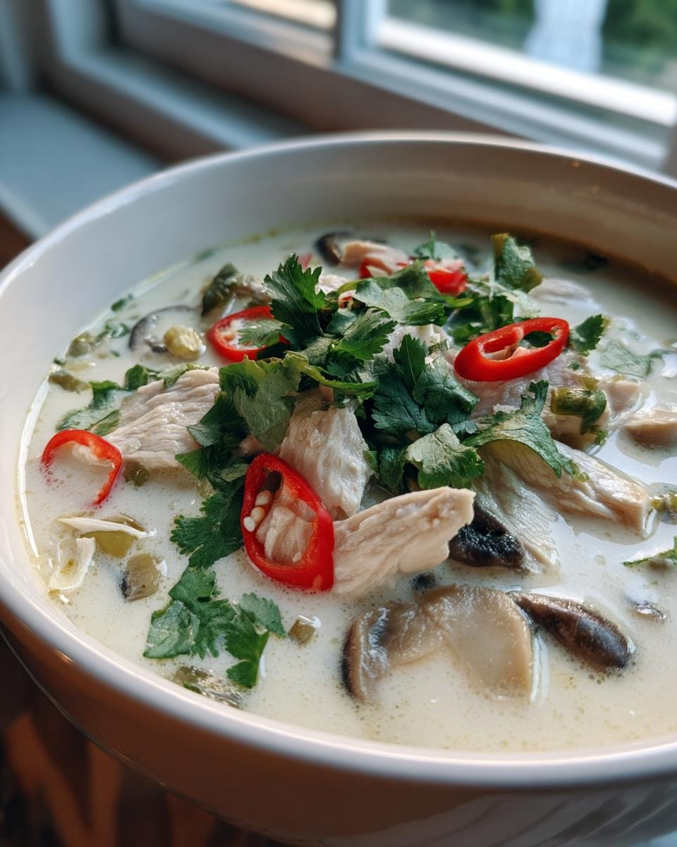 Nahaufnahme einer cremigen Thai Chicken Soup mit H&auml;hnchenst&uuml;cken, Pilzen, frischem Koriander und roten Chiliringen.
