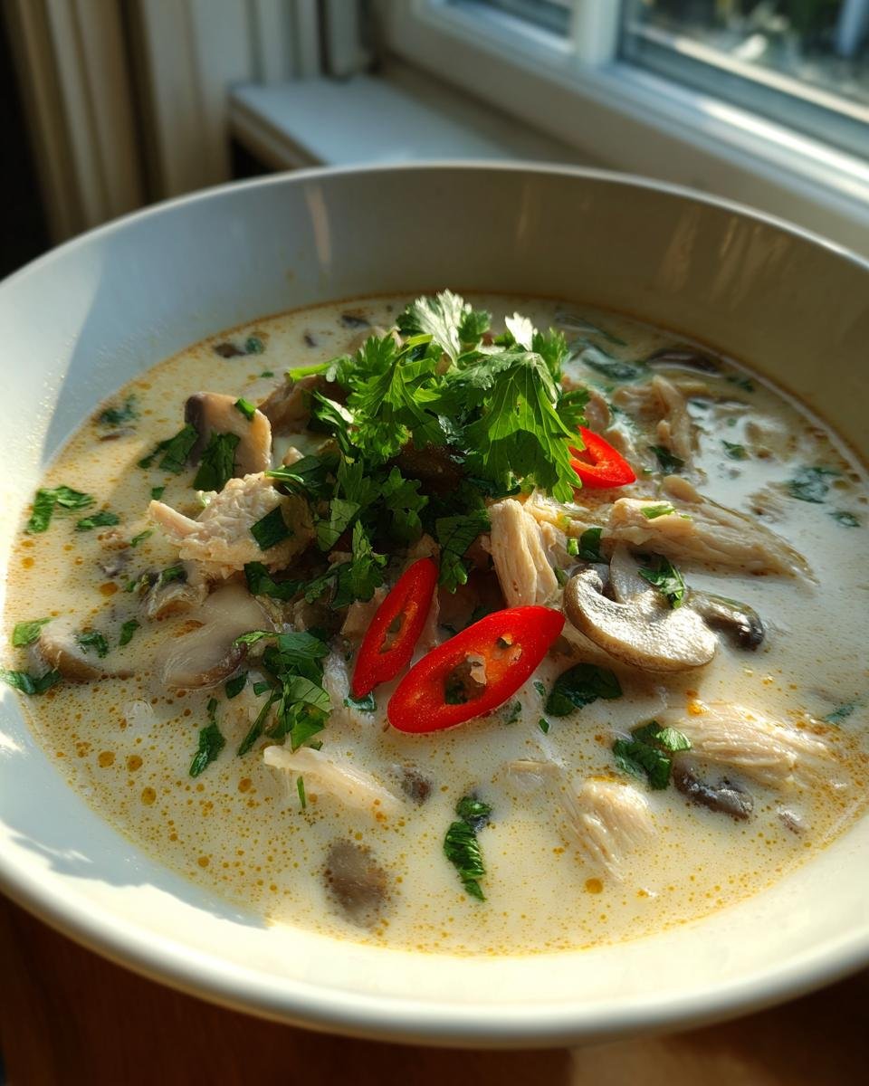Nahaufnahme einer Sch&uuml;ssel mit cremiger Thai Chicken Soup, garniert mit Koriander, Pilzen und roten Chilis.