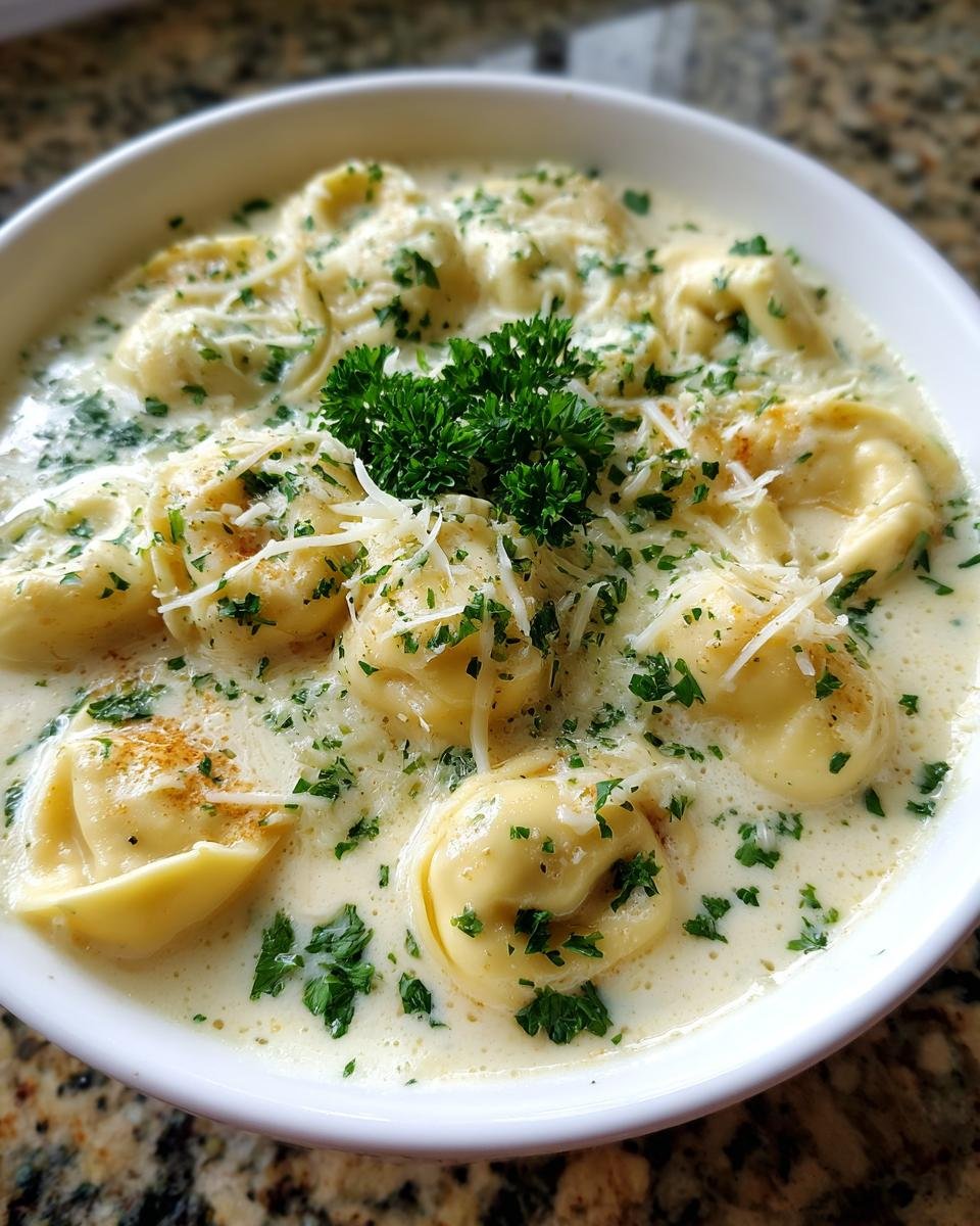 Nahaufnahme einer Sch&uuml;ssel mit cremiger Tortellini Suppe, garniert mit frischer Petersilie und geriebenem Parmesan.