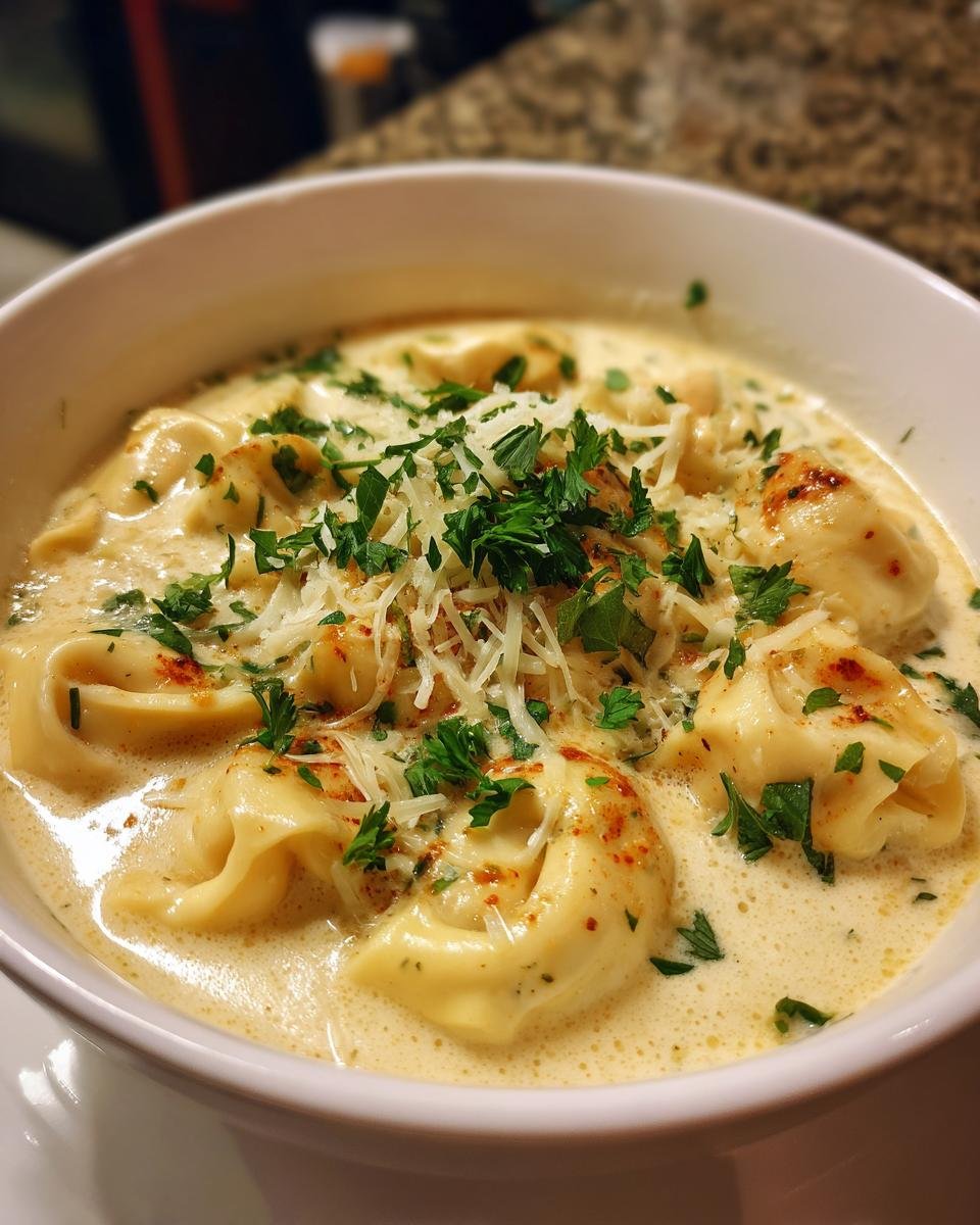 Nahaufnahme einer Sch&uuml;ssel mit cremiger Tortellini Suppe, garniert mit geriebenem K&auml;se und frischer Petersilie.