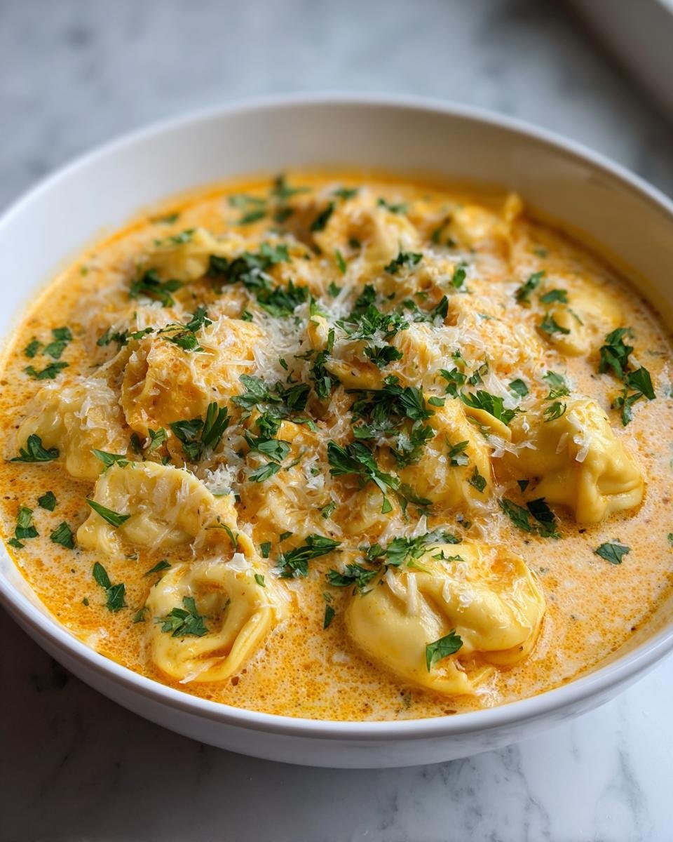 Nahaufnahme einer Sch&uuml;ssel mit cremiger Tortellinisuppe, garniert mit geriebenem Parmesan und frischer Petersilie.