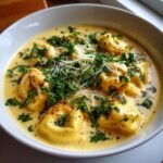 Nahaufnahme einer Schale mit Cremige Tortellinisuppe, garniert mit Petersilie und Parmesan.