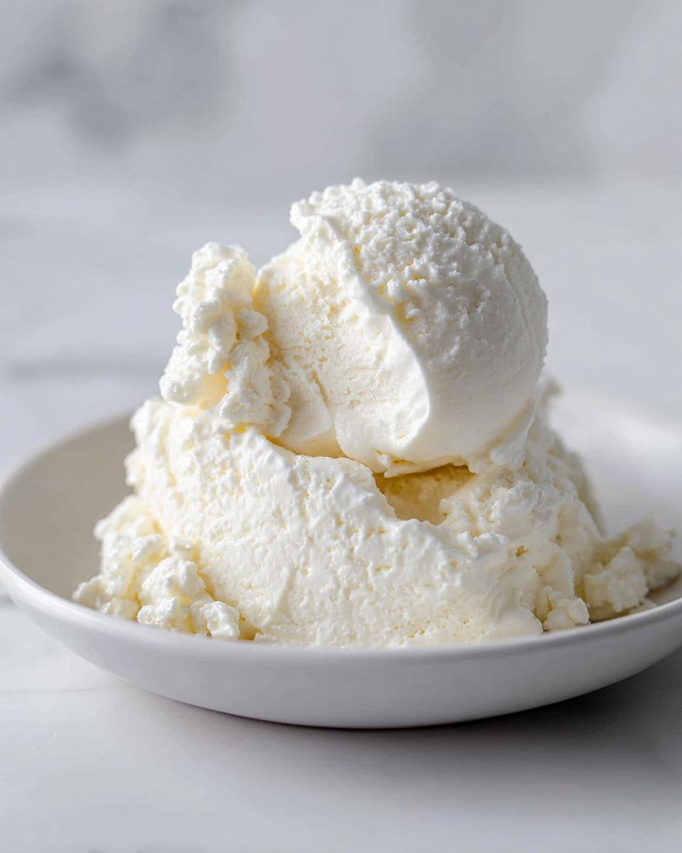 Nahaufnahme von zwei Kugeln cremigen Cottage Cheese Ice Cream in einer wei&szlig;en Schale.