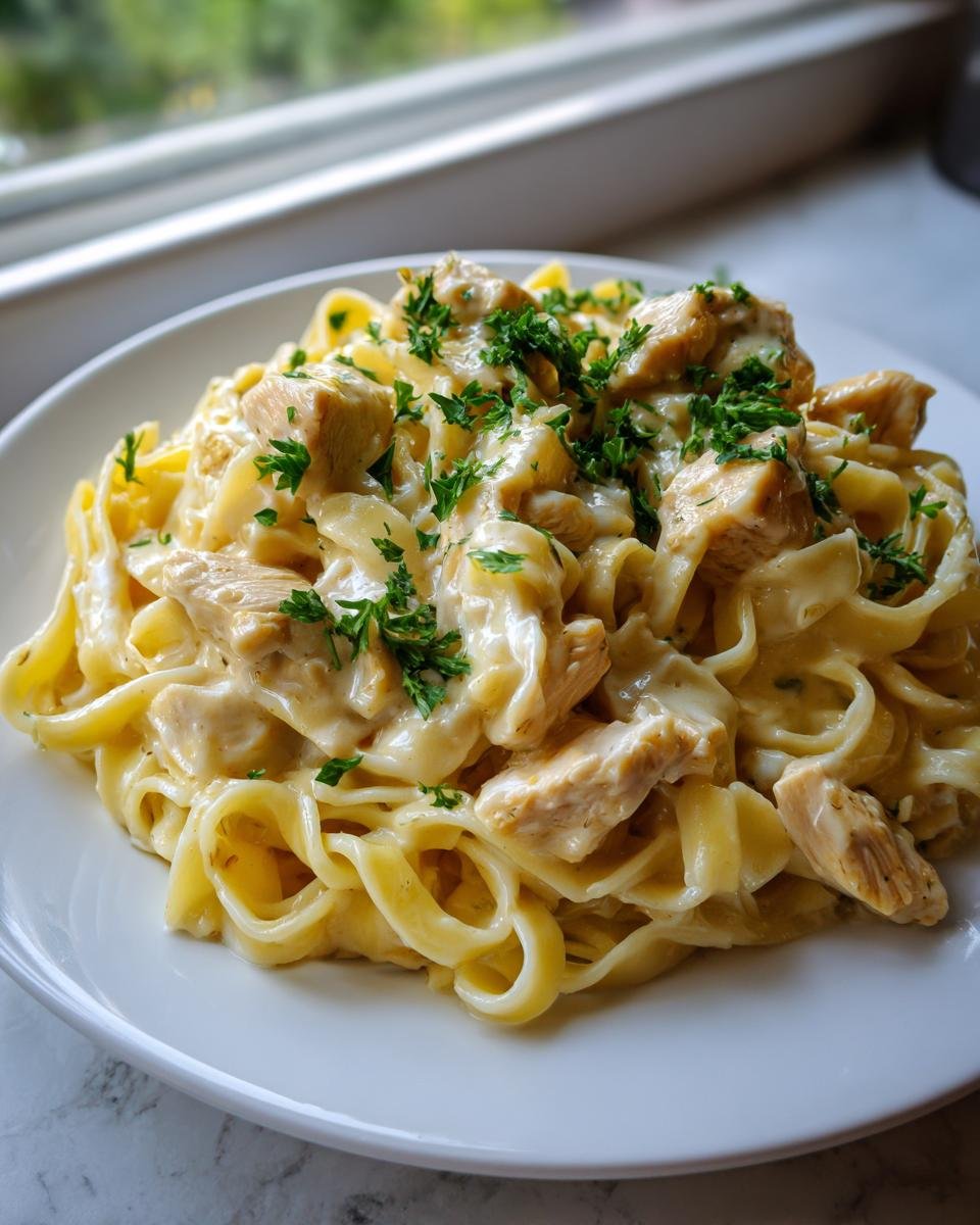 Nahaufnahme von cremigem Lemon Chicken Fettuccine mit Hähnchenstücken und Petersilie garniert.