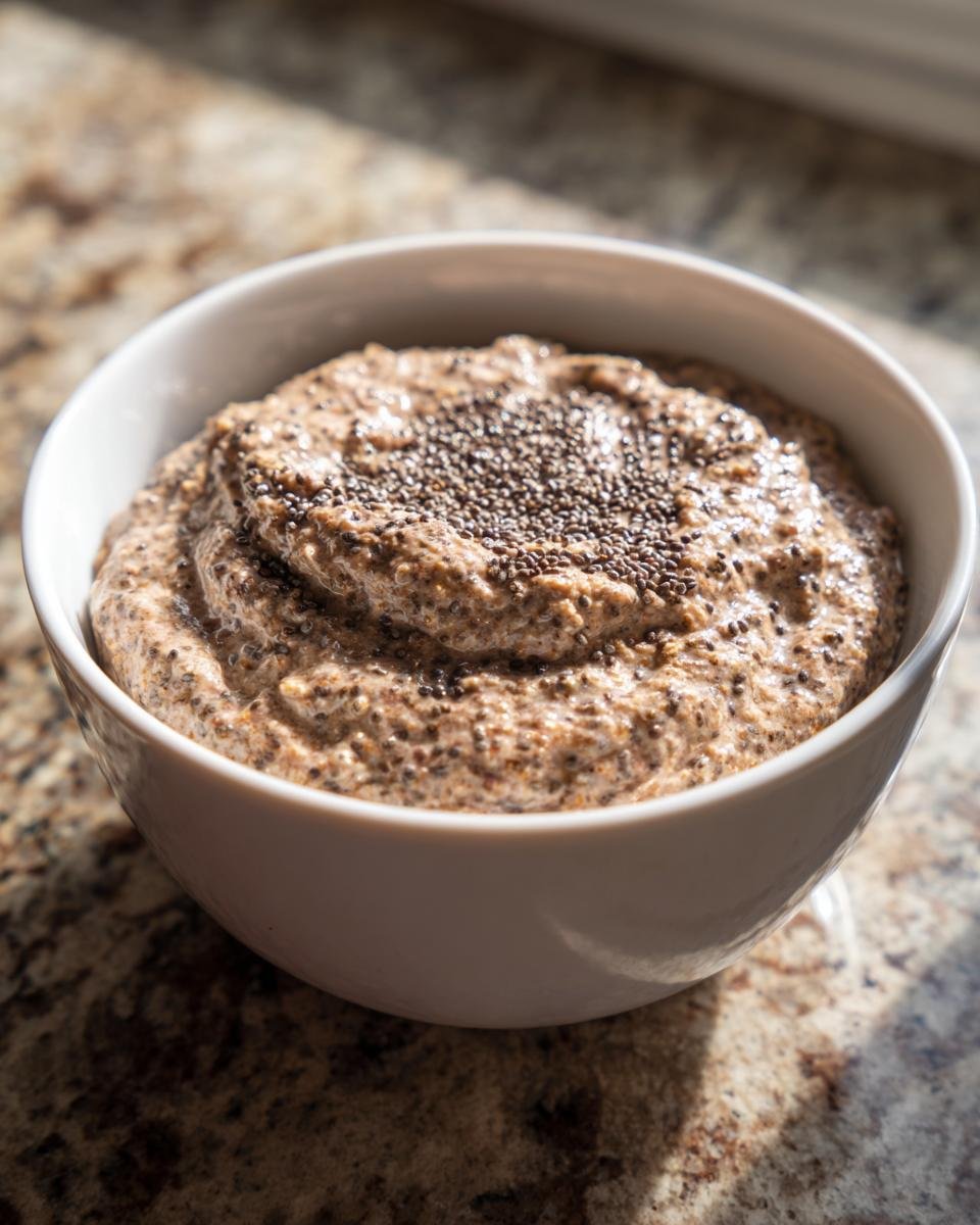 Nahaufnahme von cremigem Protein Oatmeal in einer wei&szlig;en Sch&uuml;ssel, garniert mit Chiasamen.