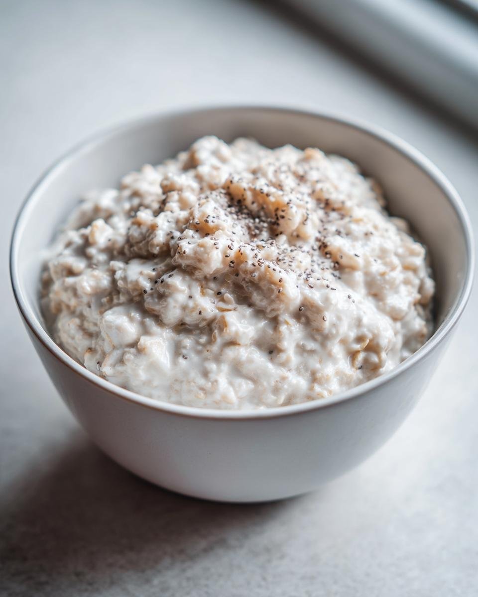 Nahaufnahme einer wei&szlig;en Sch&uuml;ssel mit cremigem Protein Oatmeal, garniert mit dunklen Chia-Samen.