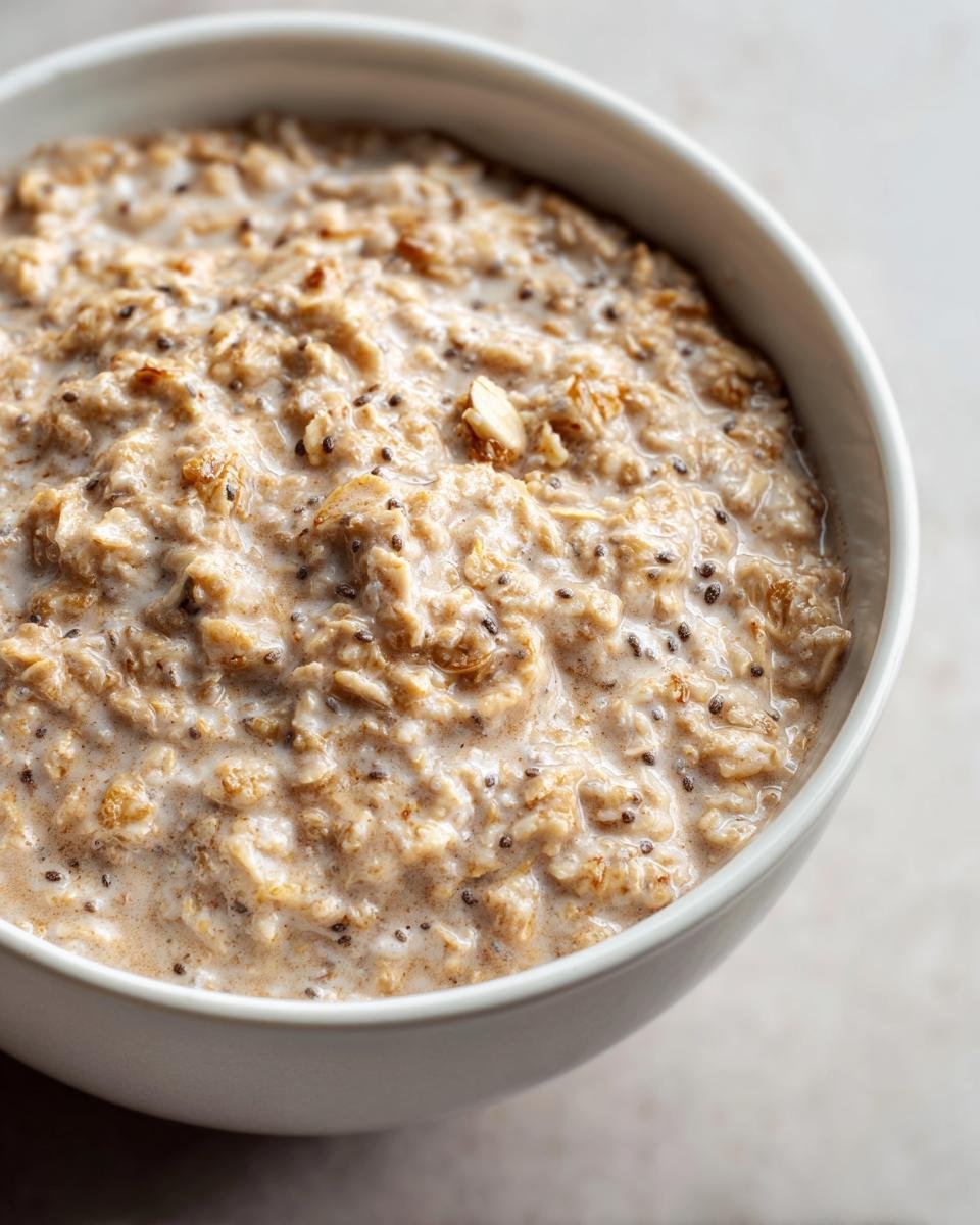 Nahaufnahme von cremigem Protein Oatmeal mit Chiasamen und N&uuml;ssen in einer wei&szlig;en Sch&uuml;ssel.