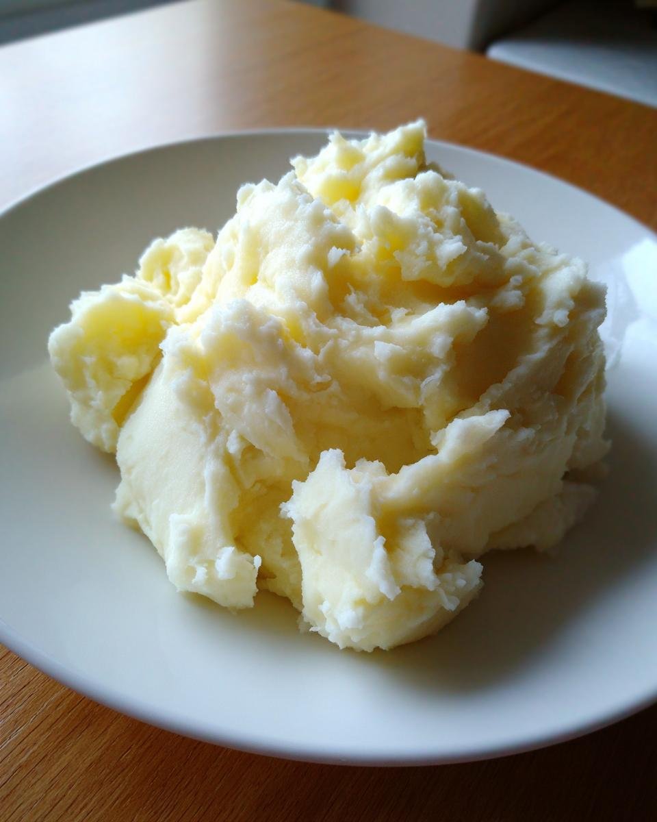 Ein gro&szlig;er Klecks cremiges P&uuml;ree, das perfekte Ergebnis f&uuml;r Freezer Mashed Potatoes, auf einem wei&szlig;en Teller.