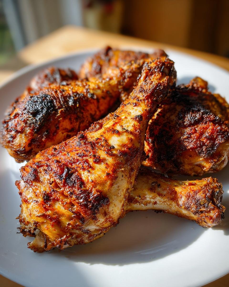 Mehrere knusprige H&auml;hnchenkeulen, perfekt zubereitet als Crispy Air Fryer Chicken auf einem wei&szlig;en Teller.