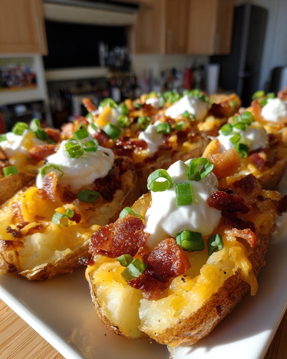 Nahaufnahme von mehreren Crispy Potato Skins, gefüllt mit Käse, Speck und Sauerrahm.