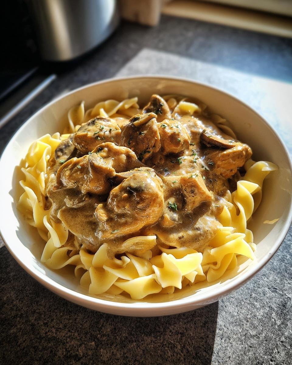 Eine Schüssel cremiges Crock Pot Chicken Stroganoff mit Pilzen über breiten Eiernudeln.
