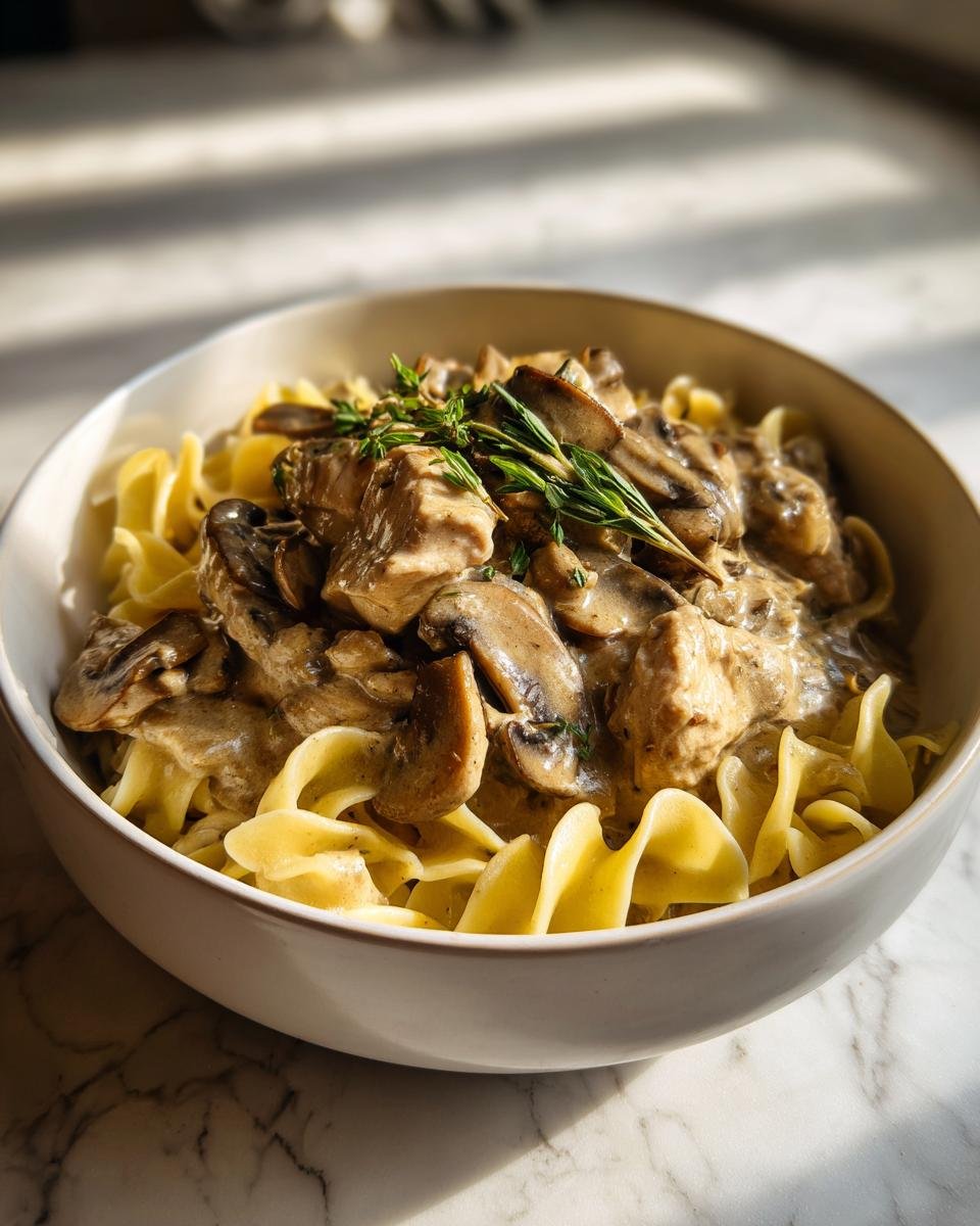 Eine Schüssel mit Crock Pot Chicken Stroganoff über breiten Bandnudeln, garniert mit Pilzen und Kräutern.