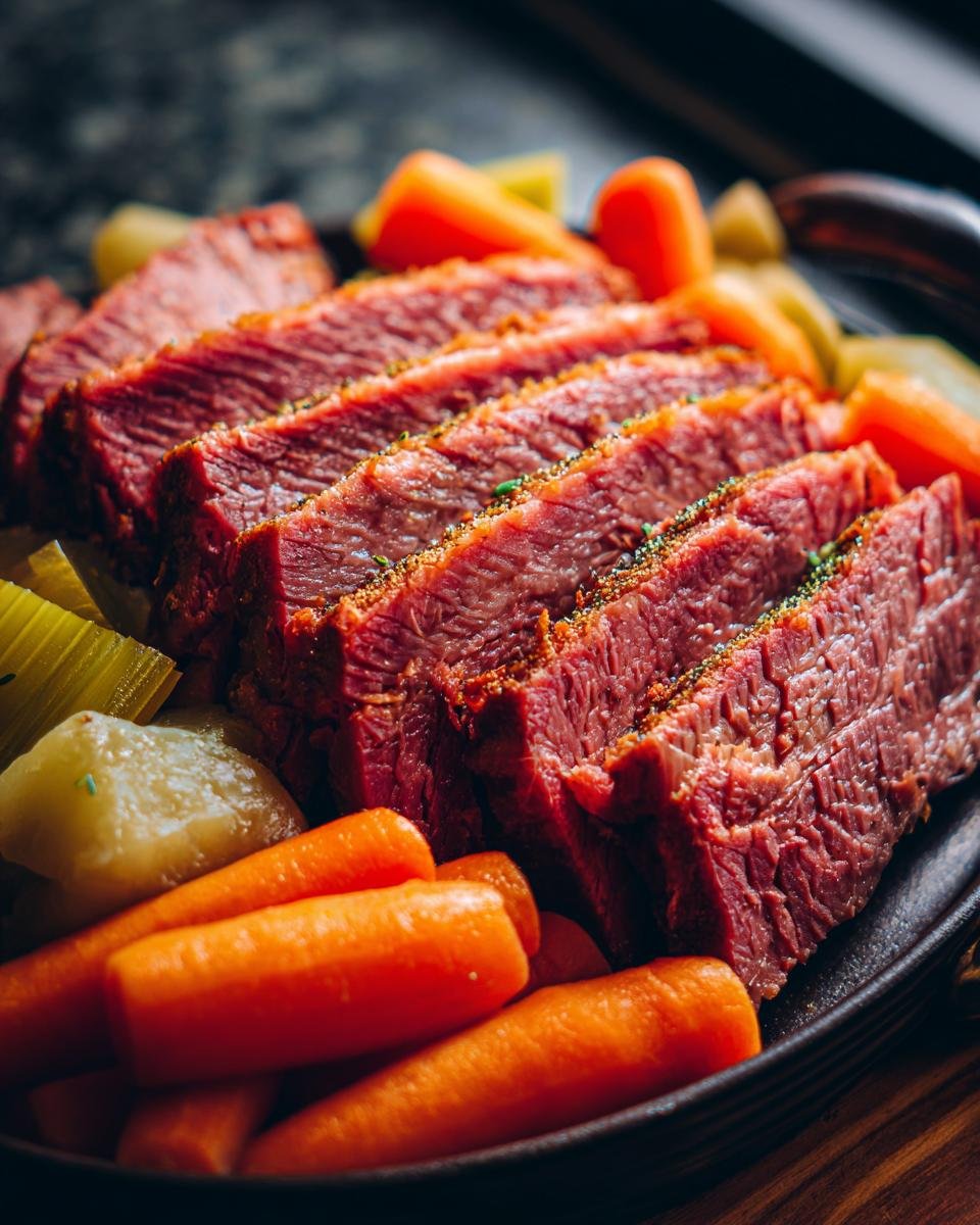 Aufgeschnittenes, saftiges Crock Pot Corned Beef, serviert mit Karotten und Kartoffeln.