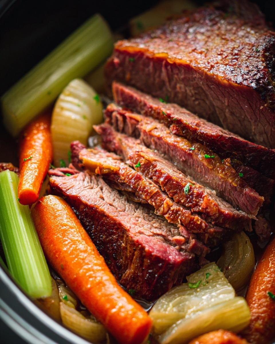 Nahaufnahme von aufgeschnittenem, zartem Crock Pot Corned Beef, umgeben von Karotten und Sellerie.