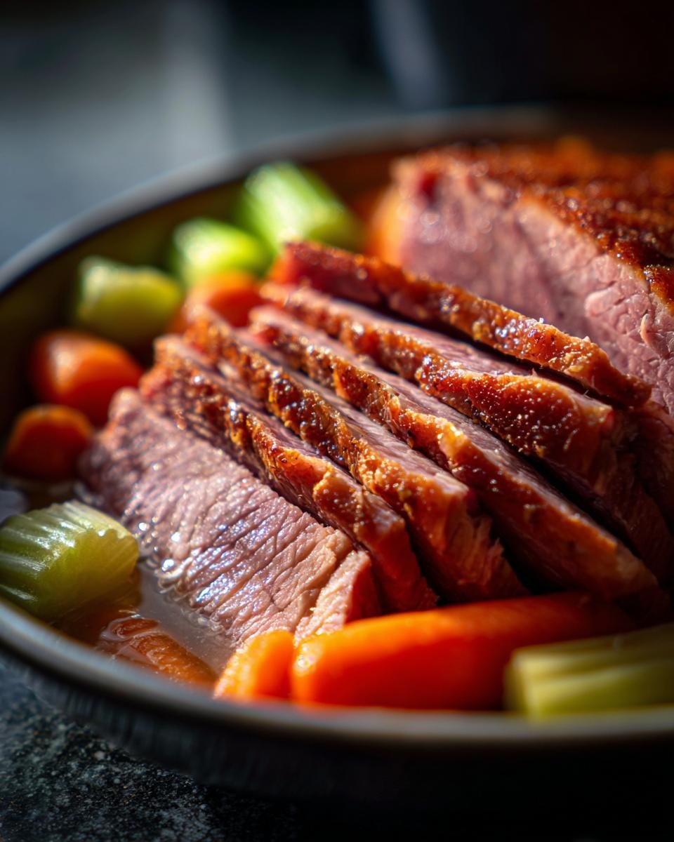 Aufgeschnittenes, zartes Crock Pot Corned Beef mit Karotten und Sellerie in einer Sch&uuml;ssel.