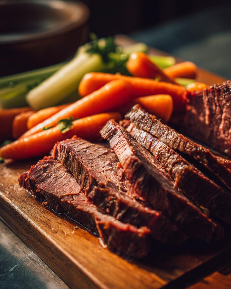 Aufgeschnittenes, saftiges Crock Pot Corned Beef auf einem Holzbrett neben Karotten und Sellerie.