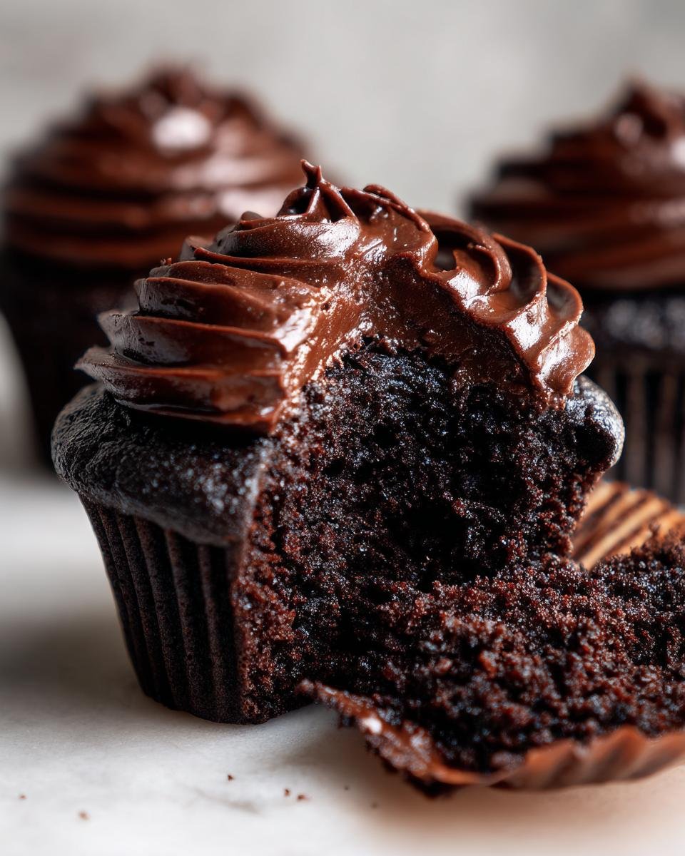 Nahaufnahme eines angeschnittenen Devils Food Cupcakes mit saftigem dunklem Teig und reichhaltigem Schokoladenfrosting.