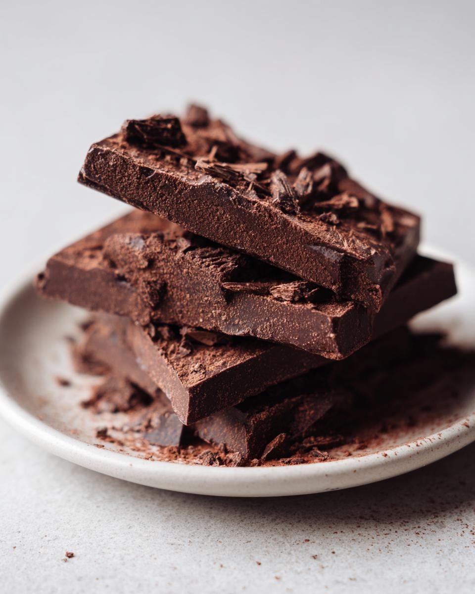 Drei gestapelte St&uuml;cke dunkler Schokolade, bestreut mit Schokosp&auml;nen, ideal f&uuml;r Chocolate Crackers.