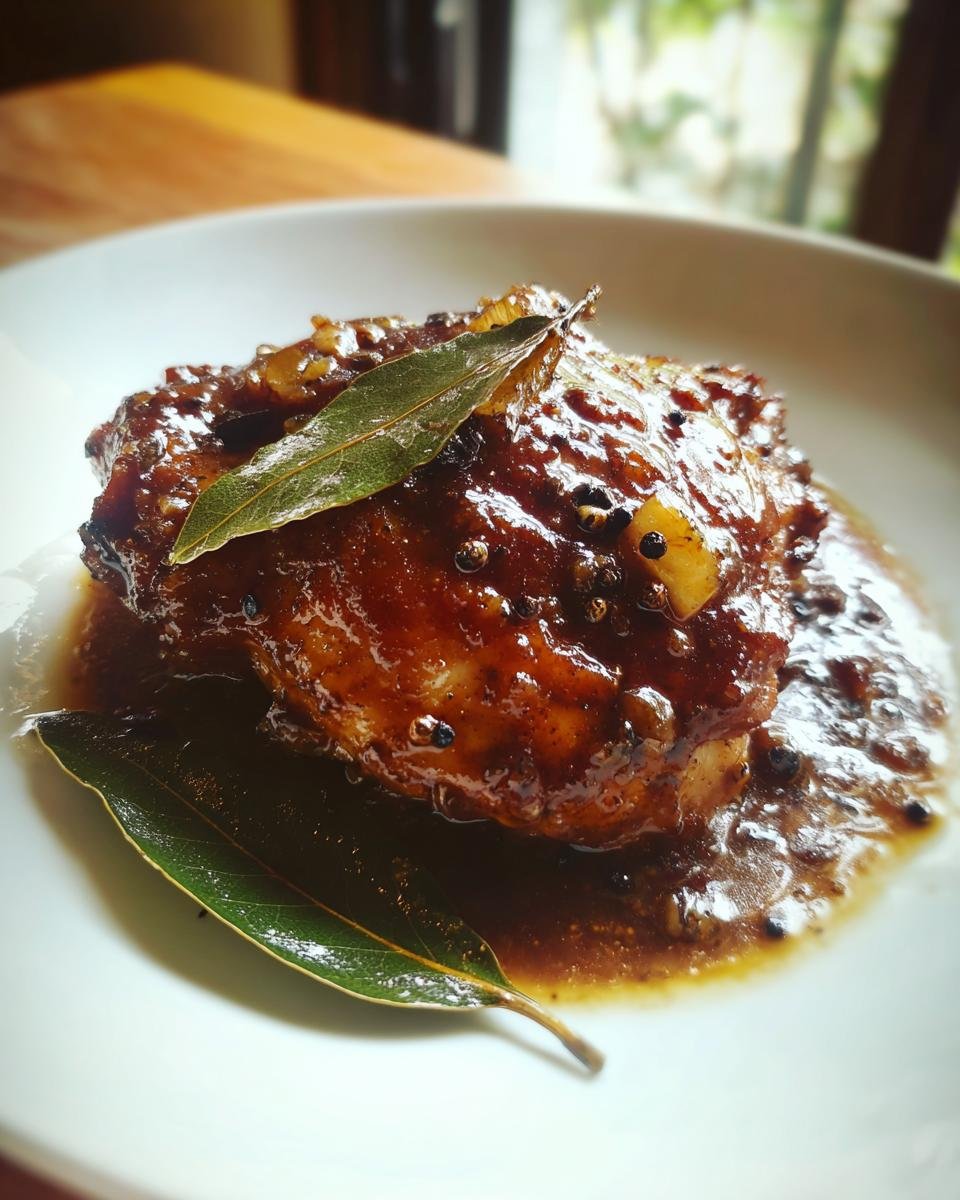 Nahaufnahme von Easy Chicken Adobo mit dunkler, gl&auml;nzender So&szlig;e, Pfefferk&ouml;rnern und Lorbeerbl&auml;ttern auf einem wei&szlig;en Teller.