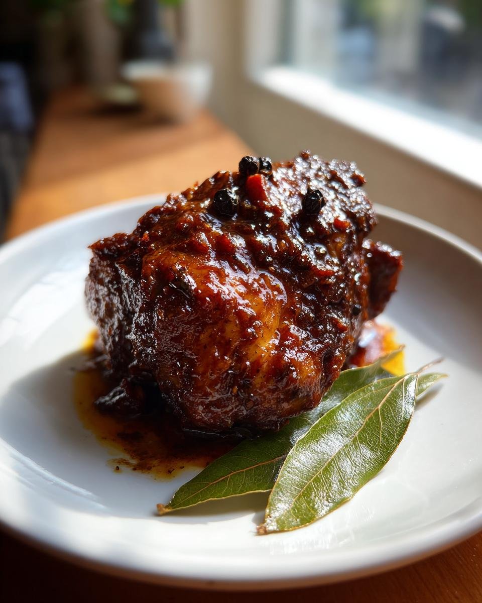 Nahaufnahme eines glasierten St&uuml;cks Easy Chicken Adobo, garniert mit Pfefferk&ouml;rnern und Lorbeerbl&auml;ttern.