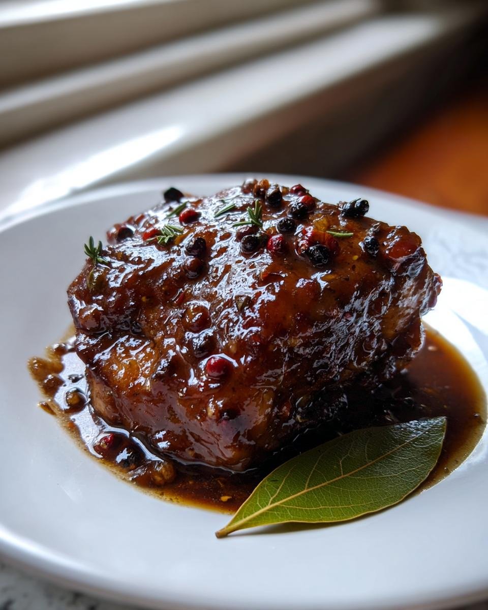 Nahaufnahme von Easy Chicken Adobo, glasiert und bedeckt mit bunten Pfefferk&ouml;rnern und Lorbeerblatt.