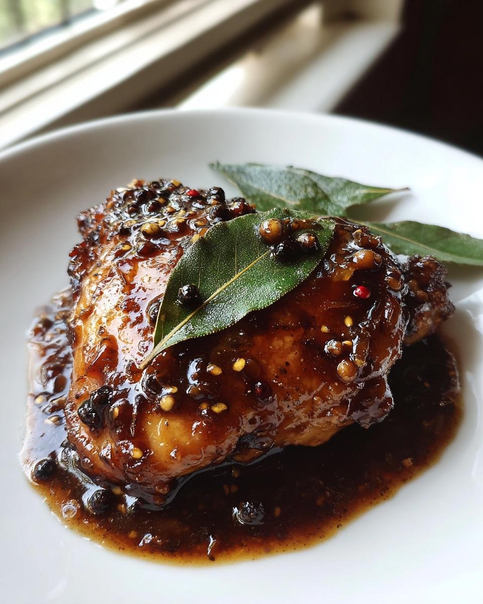 Ein glasiertes H&auml;hnchenst&uuml;ck in dunkler So&szlig;e, garniert mit Pfefferk&ouml;rnern und Lorbeerbl&auml;ttern f&uuml;r Easy Chicken Adobo.