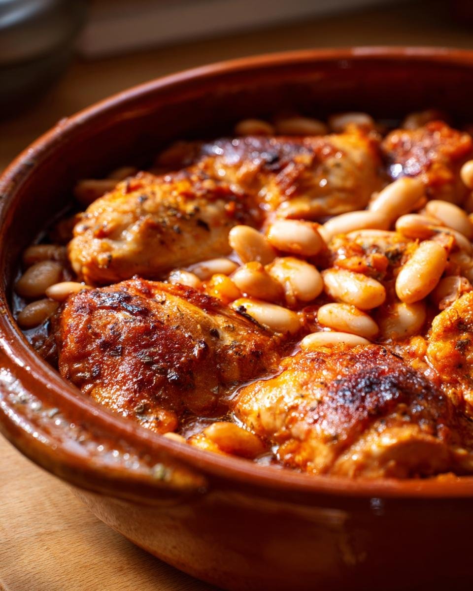 Nahaufnahme von saftigen H&auml;hnchenteilen und wei&szlig;en Bohnen in einer w&uuml;rzigen So&szlig;e, das Easy Chicken Cassoulet.