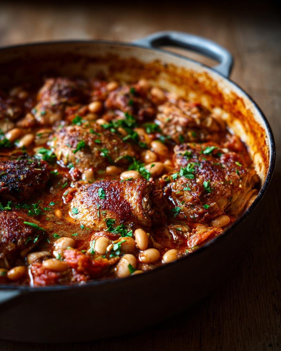 Nahaufnahme von saftigem Easy Chicken Cassoulet mit knusprigen H&auml;hnchenteilen und wei&szlig;en Bohnen.