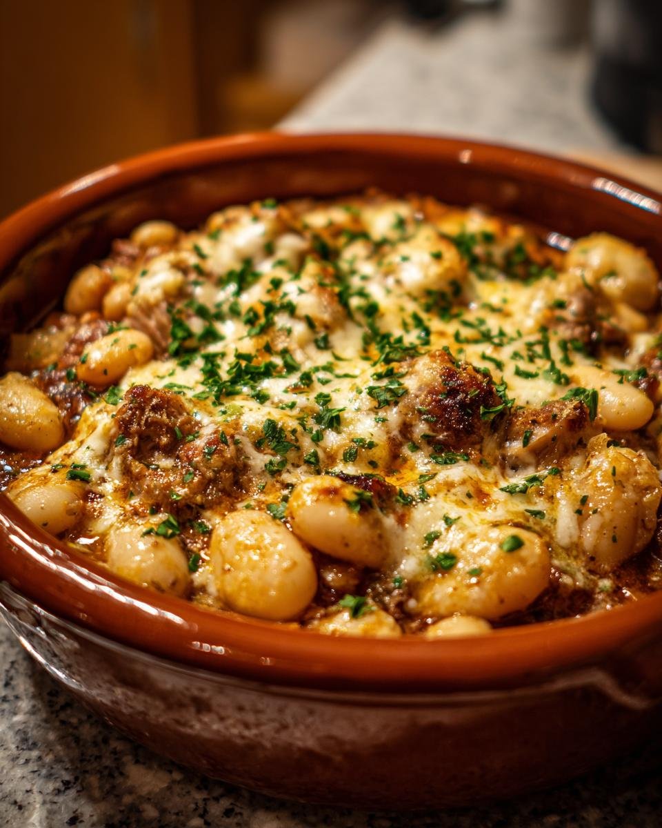Nahaufnahme des Easy Chicken Cassoulet mit wei&szlig;en Bohnen, Fleisch und geschmolzenem K&auml;se.