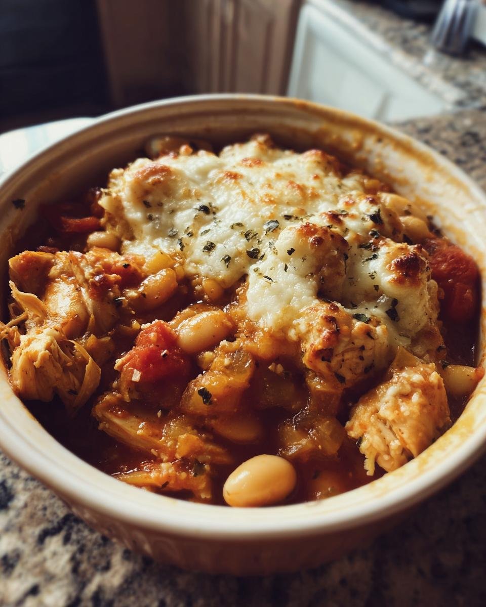 Nahaufnahme eines Easy Chicken Cassoulet mit geschmolzenem K&auml;se und Kr&auml;utern in einer Keramikschale.