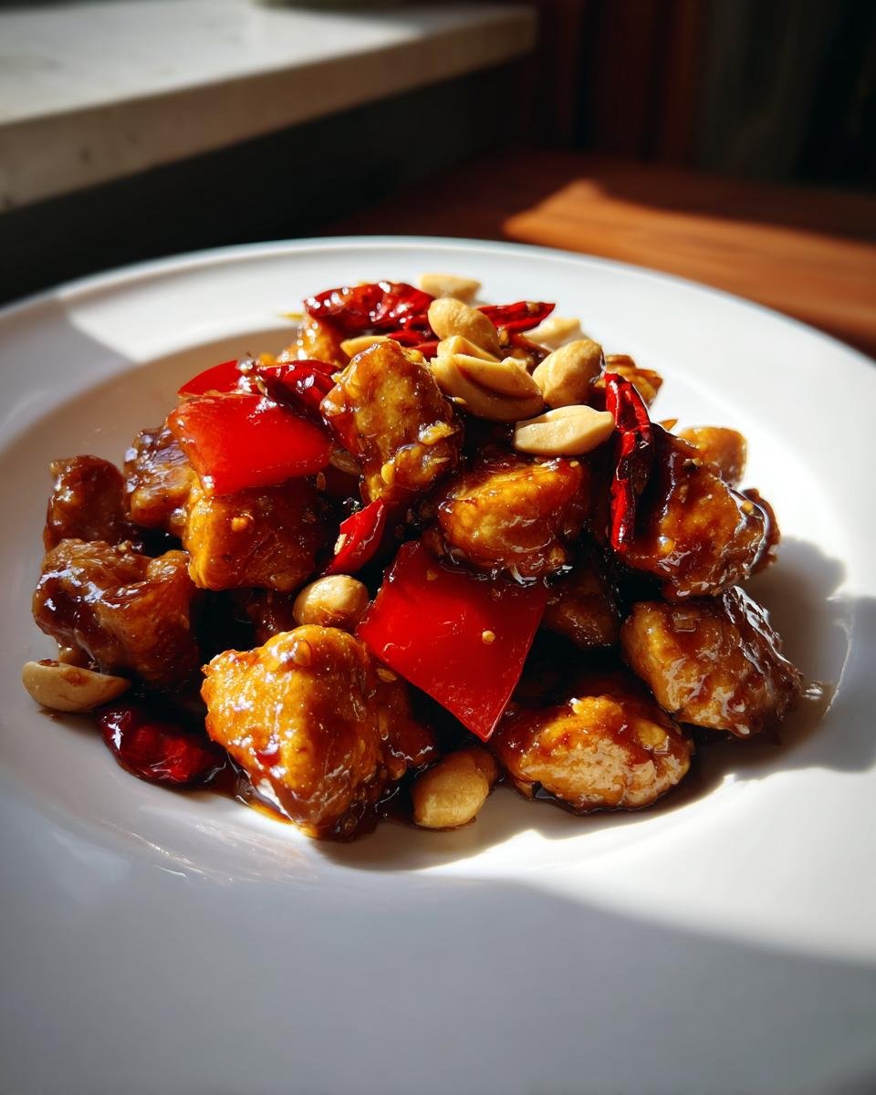 Nahaufnahme von Easy Kung Pao Chicken mit Erdn&uuml;ssen und roten Chilis auf einem wei&szlig;en Teller.