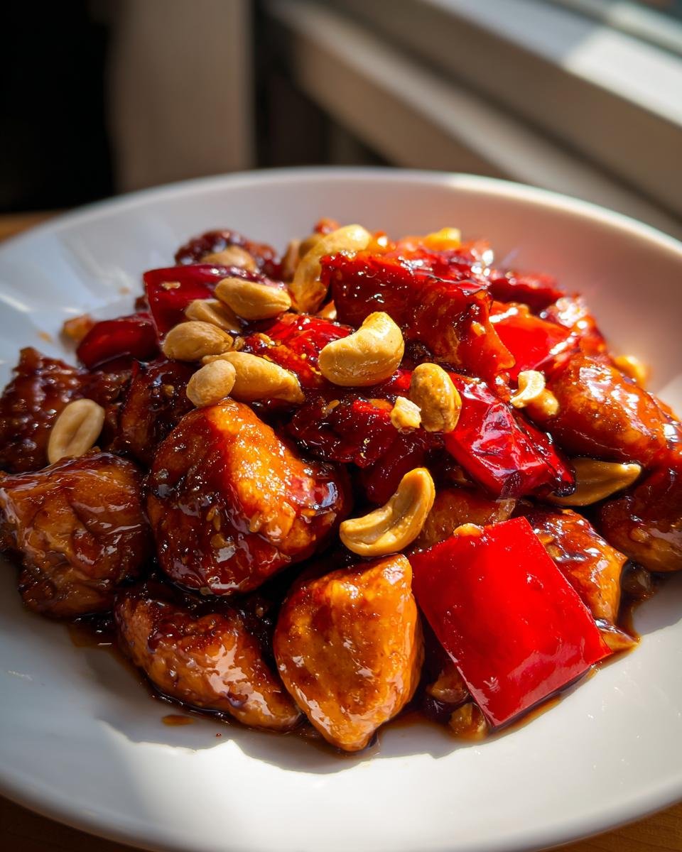 Nahaufnahme von Easy Kung Pao Chicken mit gl&auml;nzender dunkler Sauce, roten Paprikast&uuml;cken und Cashewn&uuml;ssen auf einem wei&szlig;en Teller.