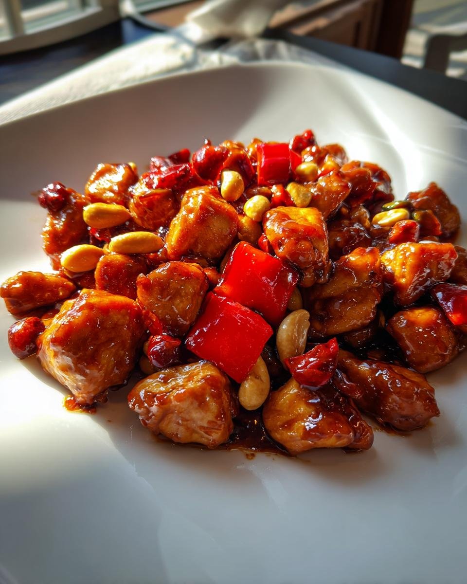 Nahaufnahme von Easy Kung Pao Chicken mit glasierten H&auml;hnchenst&uuml;cken, roten Paprikaw&uuml;rfeln und Erdn&uuml;ssen auf einem wei&szlig;en Teller.