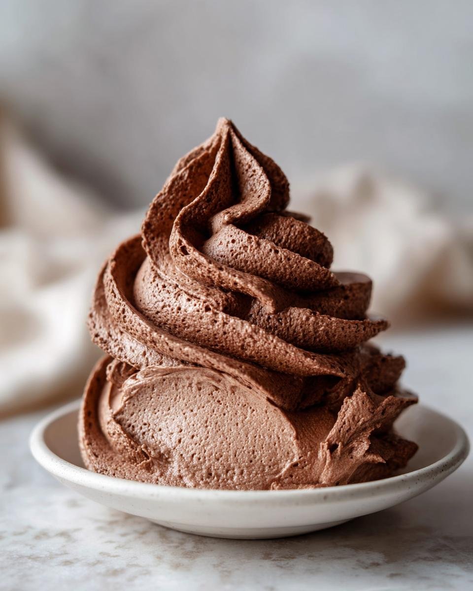 Nahaufnahme von luftiger Easy Whipped Chocolate Buttercream Frosting in einer kleinen wei&szlig;en Schale.