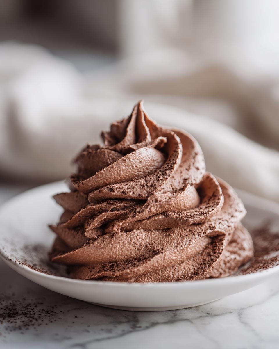 Nahaufnahme von luftiger Easy Whipped Chocolate Buttercream Frosting, best&auml;ubt mit Kakaopulver.