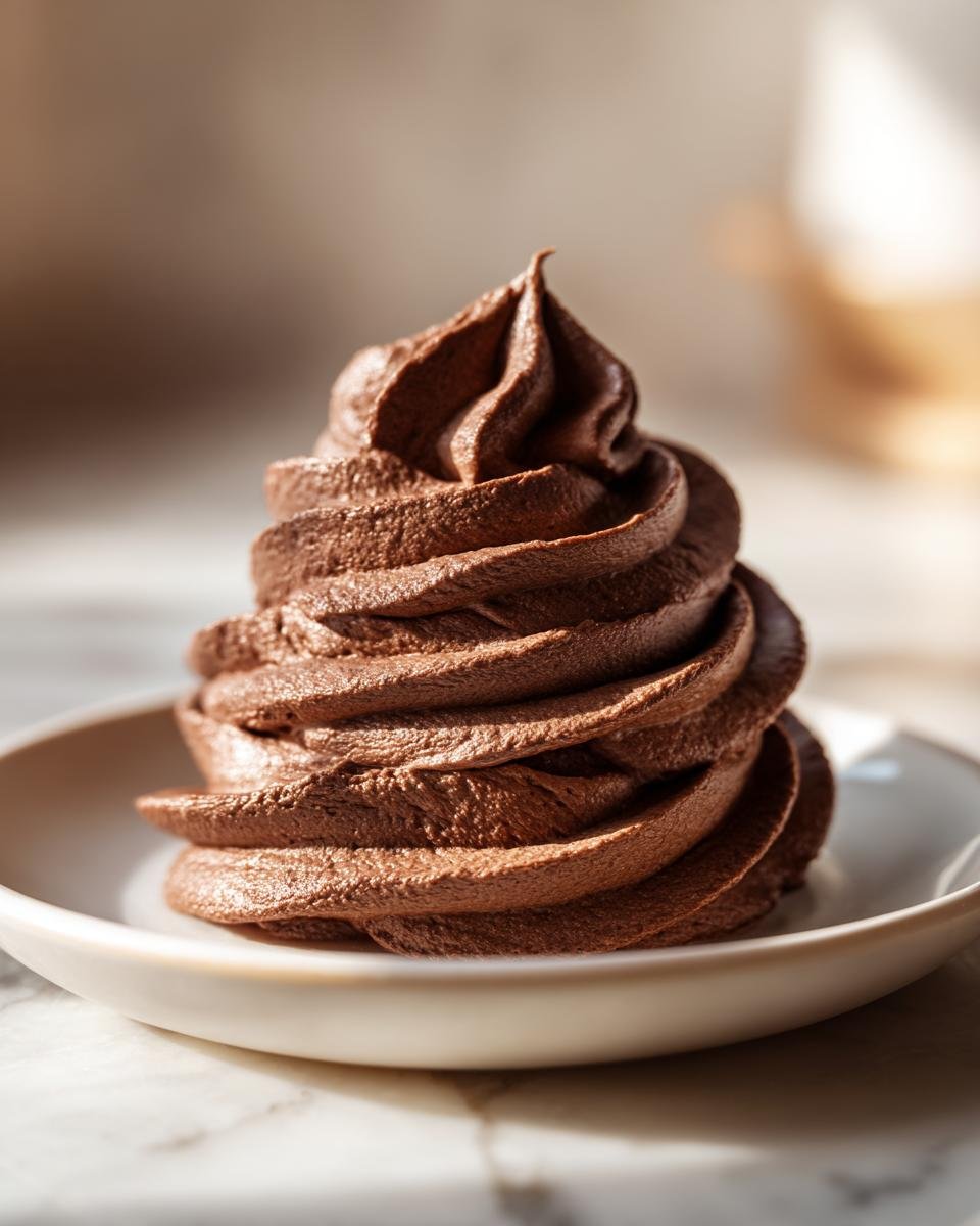 Nahaufnahme von luftigem, aufgespritztem Easy Whipped Chocolate Buttercream Frosting auf einem Teller.