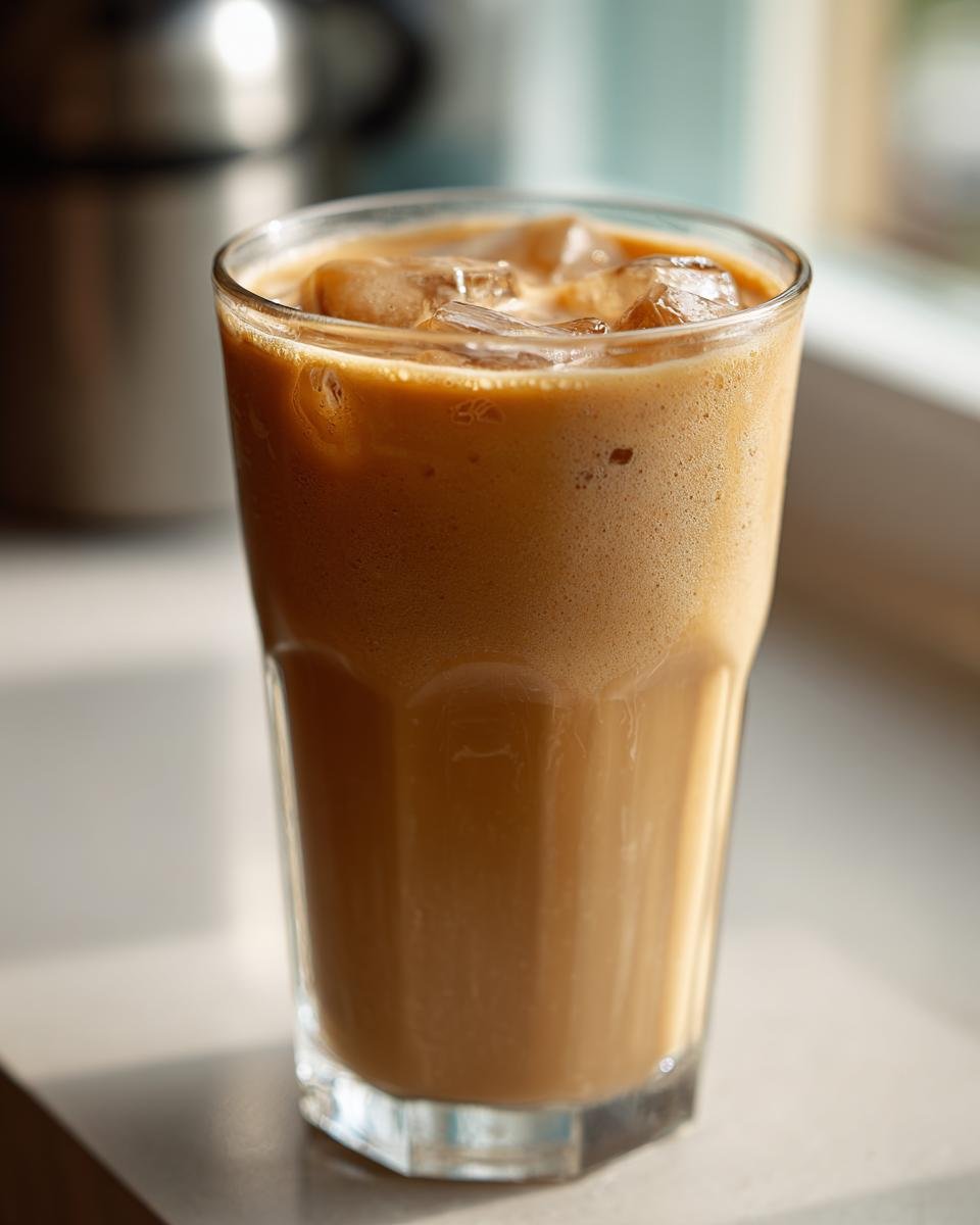 Nahaufnahme eines k&uuml;hlen, schaumigen Frapp&eacute; mit Eisw&uuml;rfeln in einem hohen Glas.