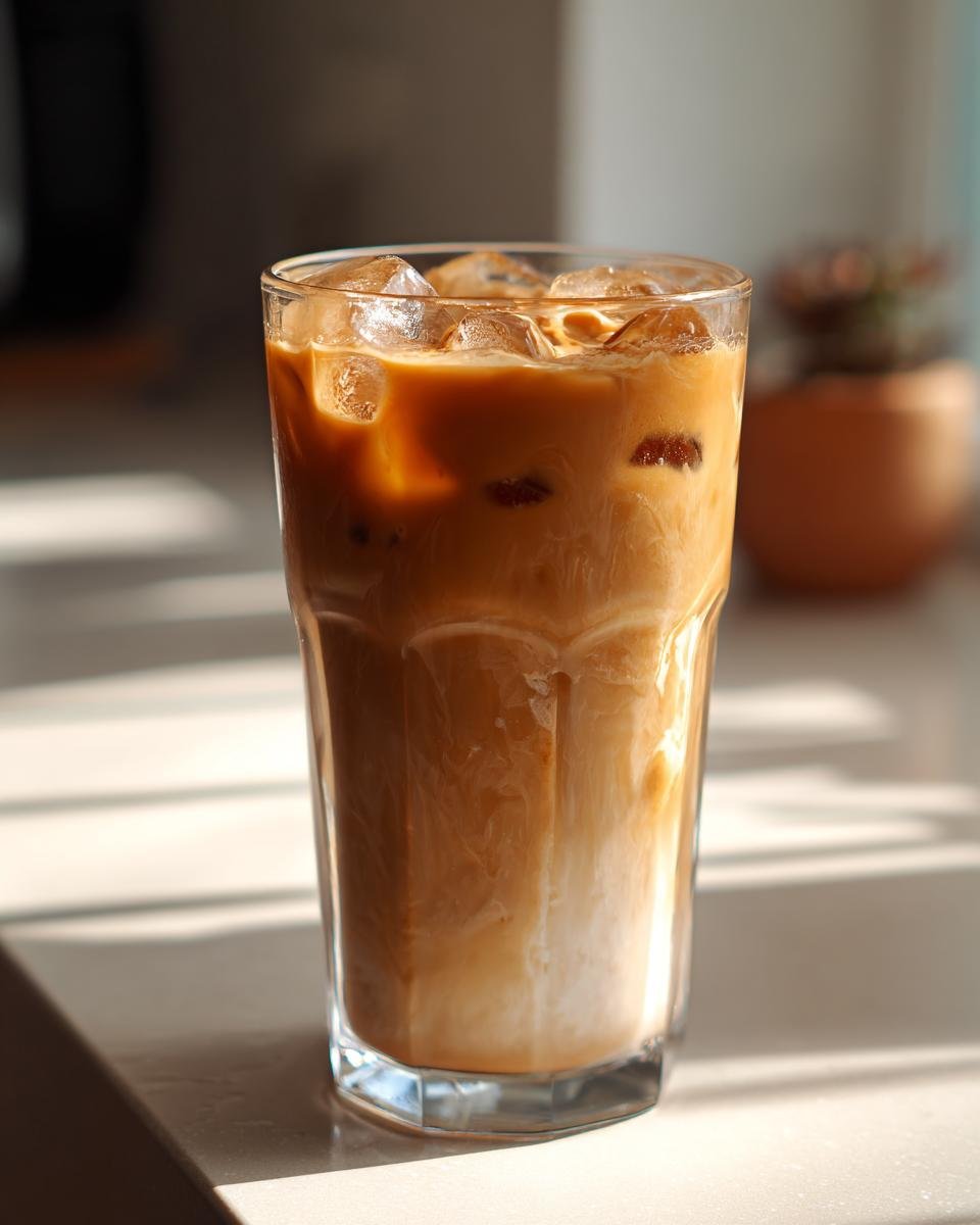 Ein hoher Glas gef&uuml;llt mit einem cremigen Frapp&eacute;, Milch und vielen Eisw&uuml;rfeln, im Sonnenlicht.