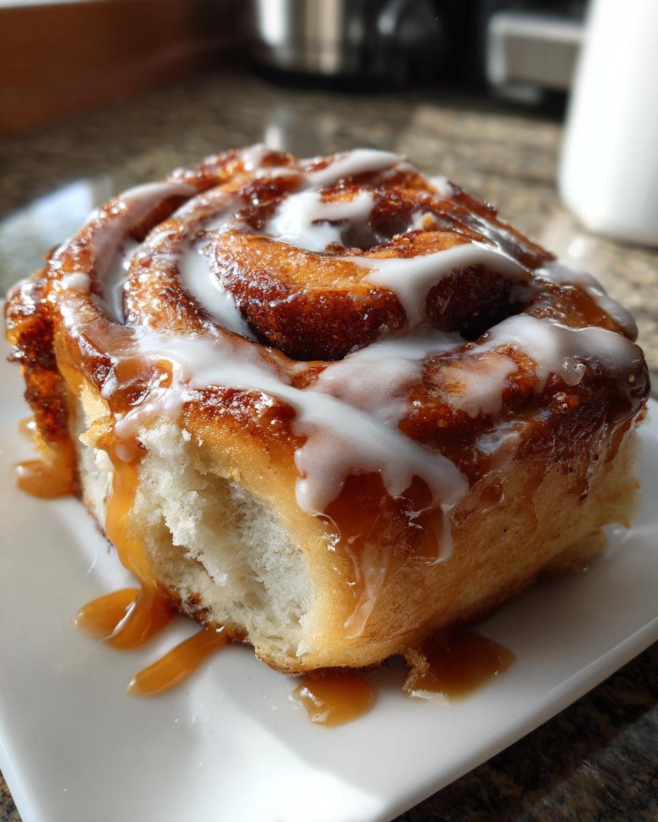 Nahaufnahme eines weichen Caramel Sweet Roll mit wei&szlig;em Zuckerguss und Karamellso&szlig;e auf einem wei&szlig;en Teller.
